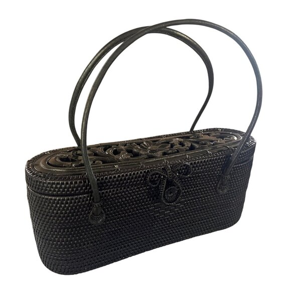 Ata Bag Bali Basket Handbag Leather Handles Wooden Carved Lid Floral Design Orga - Picture 1 of 6